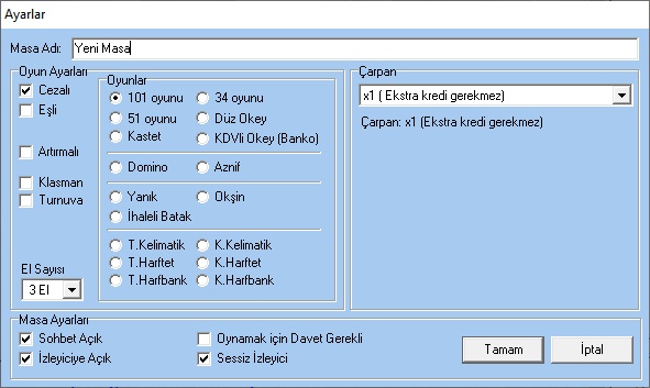 34,51,101,Dz Okey, KDvli Okey(Banko), Kastet masas ama