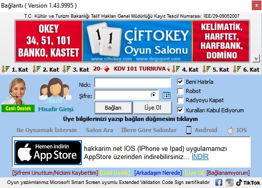 101 Okey Oyunu Bağlantı Penceresi